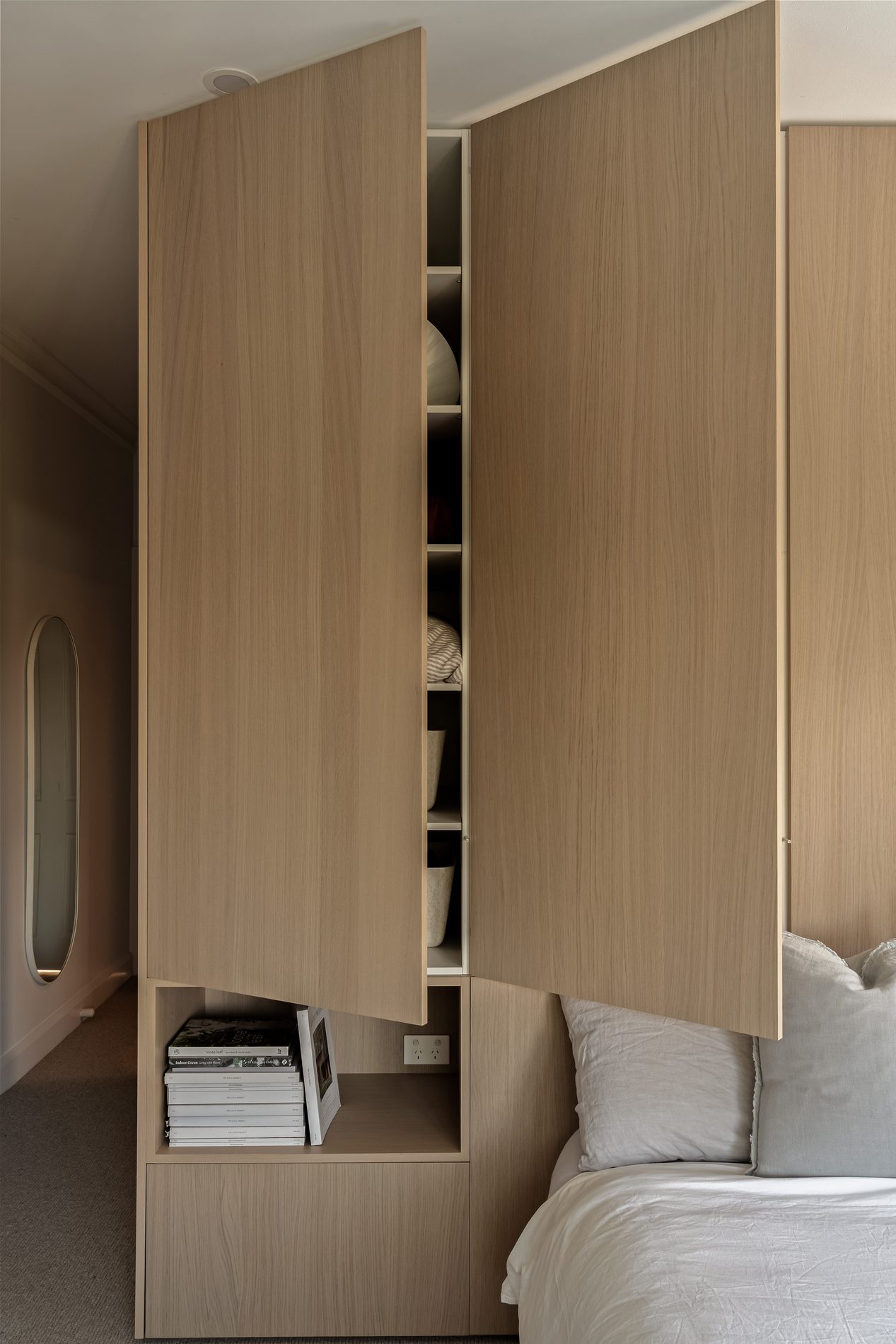 Detailed timber ceiling joinery with pendant lighting