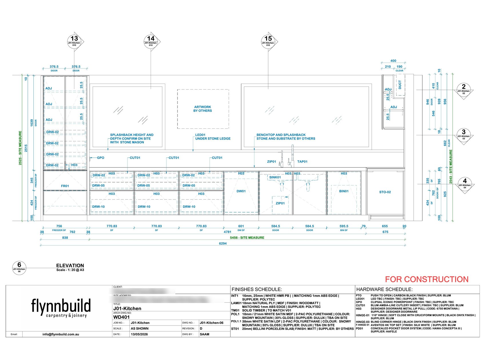 Flynnbuild joinery shop drawing showing kitchen cabinetry elevation